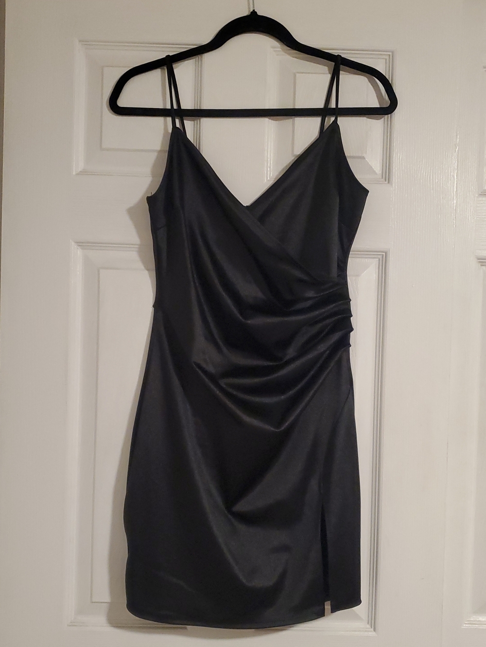 Blue Blush Black Satin Slip Mini Dress with Side Drape